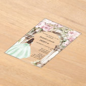 グリーンピンク花模様のアーチドレ澄んススイート16 アクリル招待状 (レイダウン)