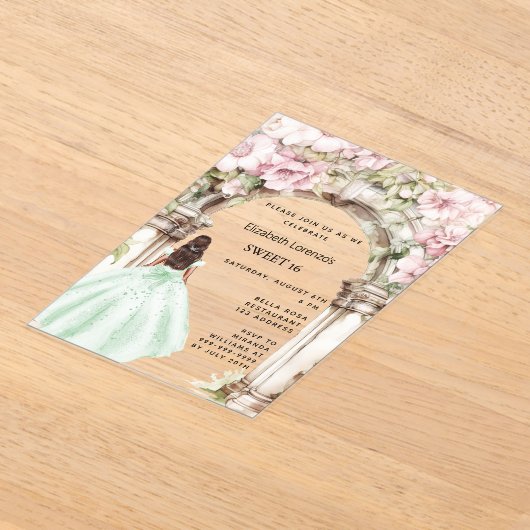 グリーンピンク花模様のアーチドレ澄んススイート16 アクリル招待状 (レイダウン)