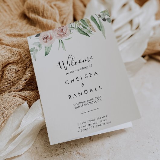 グリーンピンク赤面フローラ折り畳み結婚式 プログラム