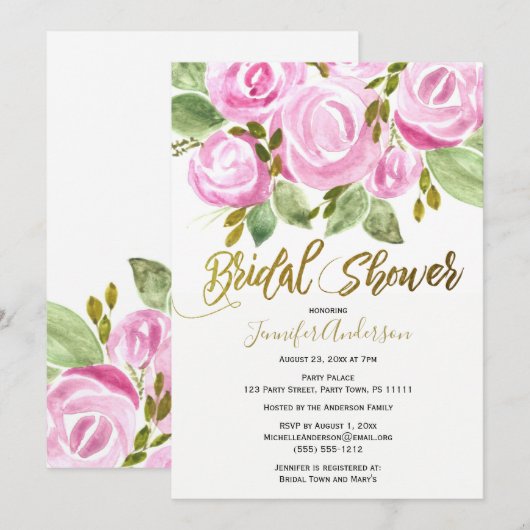グリーンピンク金ゴールドバラリーフブライダルシャワー 招待状 (正面/裏面)