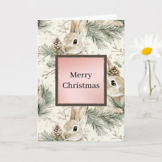 グリーンピンコーンのうさぎのクリスマス カード (小さな植物)