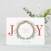 グリーンピン枝のガーランド JOY クリスマス写真 シーズンカード (スタンド正面)