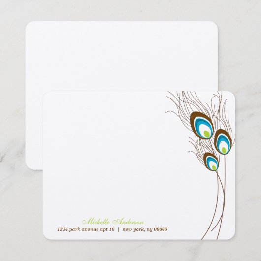 グリーンピーコックの羽根のフラットなメモカード 招待状 (正面/裏面)