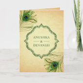 グリーンピーコックフェザーQRコードインディアン結婚ズ 招待状 (正面)