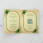 グリーンピーコックフェザーQRコードインディアン結婚ズ 招待状 (内部)