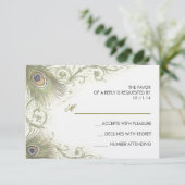 グリーンピーコック羽毛ビンテージ結婚式RSVPカード 出欠カード (スタンド正面)