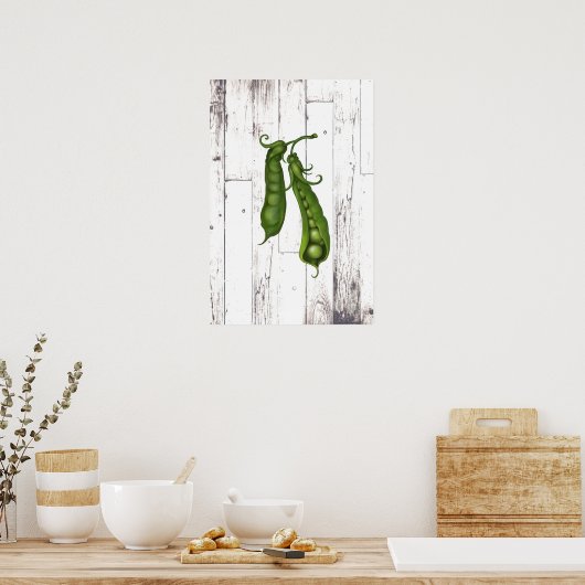 グリーンピースの白い木の素朴な農家の芸術 ポスター (キッチン)