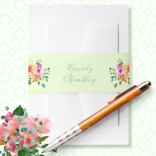 グリーンピーチピンクウォーターカラーボホフローラ結婚ズ 招待状ベリーバンド