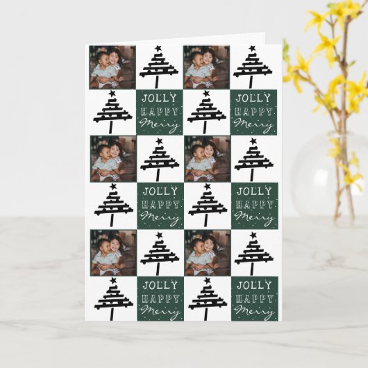 グリーンファミリークリスマスツリーコラージュ写真 カード (黄色い花)
