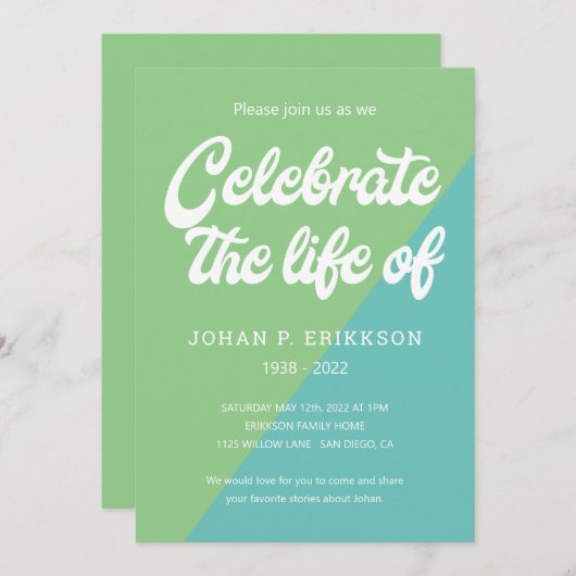 グリーンファンキーブルーレトロお祝い・オブ・ライフ 招待状 (正面/裏面)