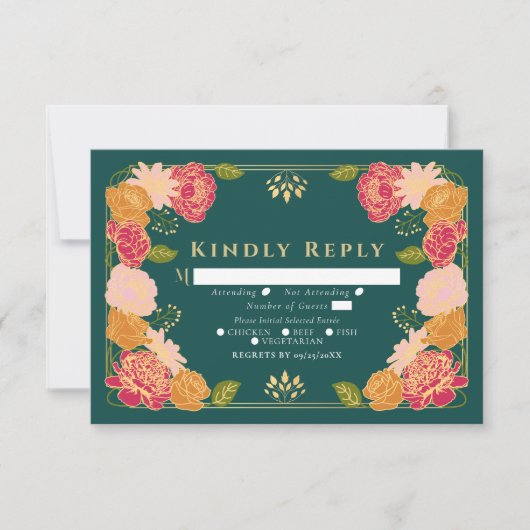 グリーンファンタジーエンチャント庭園の結婚式RSVP 出欠カード (正面)