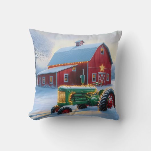 グリーンファームトラクターのクリスマスライト クッション (正面)