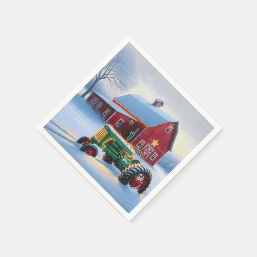 グリーンファームトラクターのクリスマスライト スタンダードカクテルナプキン (角)