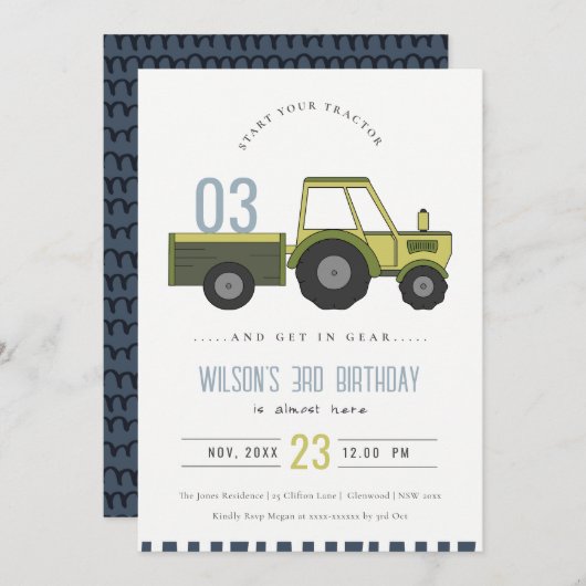 グリーンファームトラクターキッズニーエイジ誕生日招待状 サンキューカード (正面/裏面)