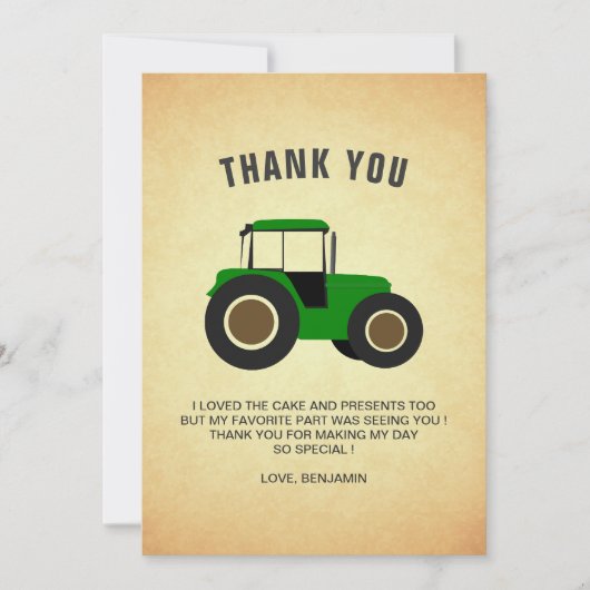 グリーンファームトラクター子供の誕生日パーティー サンキューカード (正面)