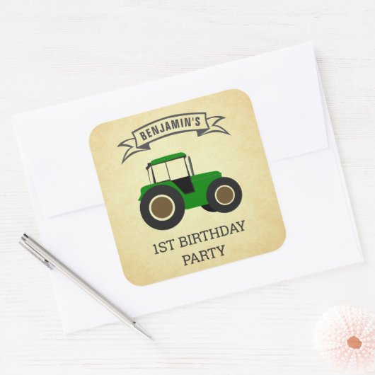 グリーンファームトラクター子供の誕生日パーティー スクエアシール (封筒)