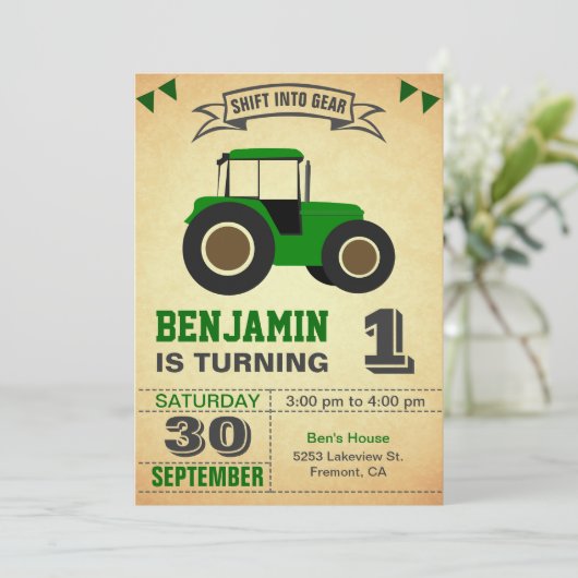 グリーンファームトラクター子供の誕生日パーティー 招待状 (スタンド正面)