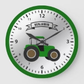 グリーンファームトラクパーソナライズされたター名キッズルーム ラージ壁時計 (正面)