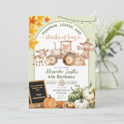 グリーンファーム動物カボチャのスタック干し草の誕生日 招待状 (スタンド正面)