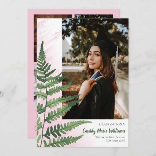 グリーンファーンピンクエレガントク卒業発表 招待状 (正面/裏面)