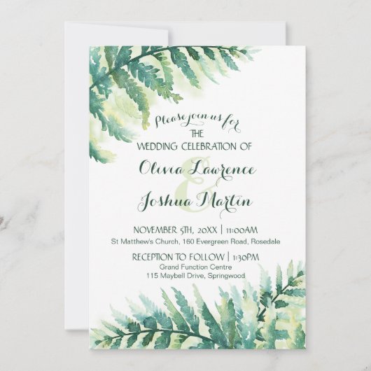 グリーンファーンリーフの水のカラー結婚式招待状 招待状 (正面)