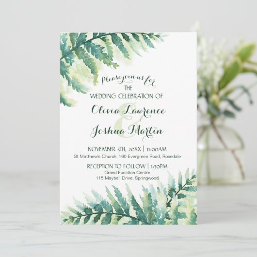 グリーンファーンリーフの水のカラー結婚式招待状 招待状 (スタンド正面)