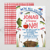 グリーンフィッシュリールエキサイティングフィッシング1歳誕生日 招待状 (正面/裏面)