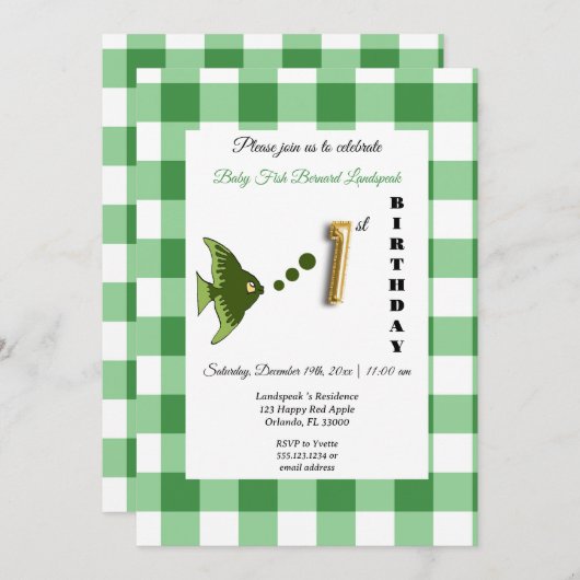 グリーンフィッシュ&ギンガム金ゴールドバルーン1st誕生日 招待状 (正面/裏面)