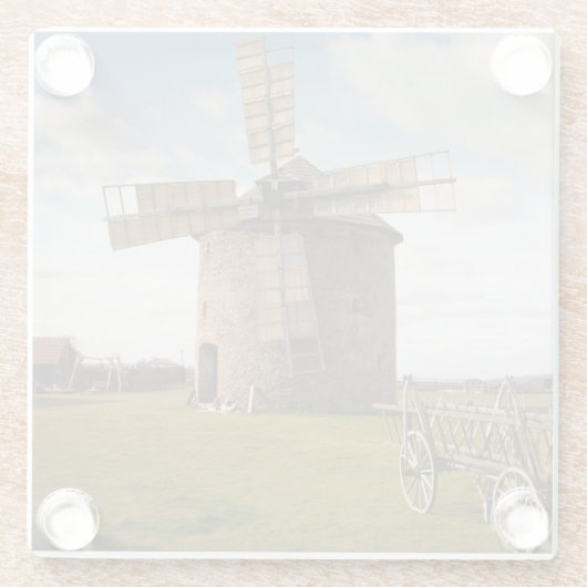 グリーンフィールドとホワイトクラウドとブルースカイの風車 ガラスコースター (裏面)