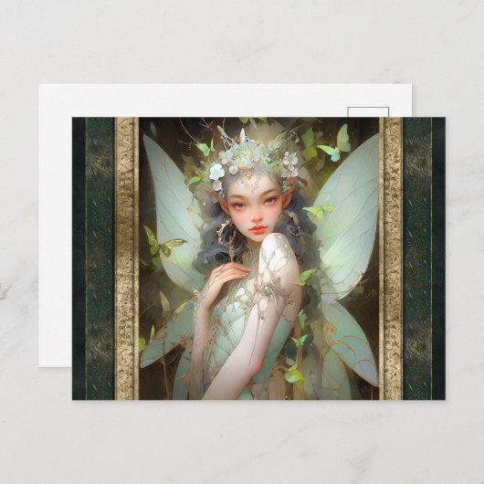 グリーンフェアリーガールファンタジーアート ポストカード (正面/裏面)