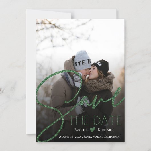 グリーンフェイクグリッター結婚の写真日付の保存 マグネット招待状 (正面)