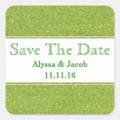 グリーンフェイクグリッター結婚式の日付を保存 スクエアシール (正面)