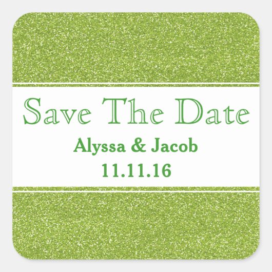 グリーンフェイクグリッター結婚式の日付を保存 スクエアシール (正面)