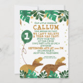 グリーンフェイクゴールドフォイル恐竜誕生日招待状 招待状 (正面)