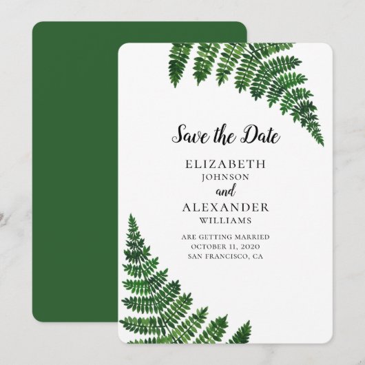 グリーンフェルン モダンな森の植物のSave the Date 招待状 (正面/裏面)