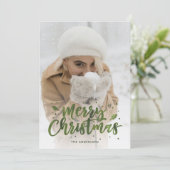 グリーンフォイルスクリプト雪フォトクリスマスカード シーズンカード (スタンド正面)