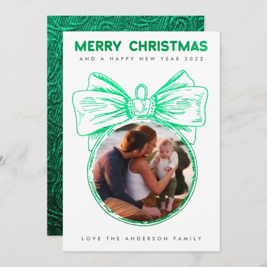 グリーンフォイルフェイクメリークリスマスフォトオーナメント シーズンカード (正面/裏面)