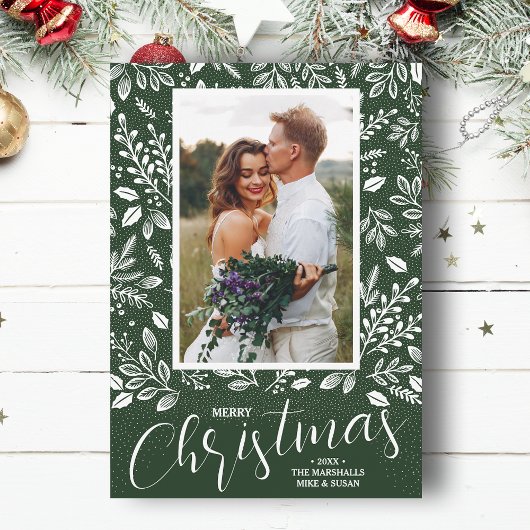 グリーンフォトの白いメリークリスマス シーズンカード