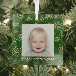 グリーンフォトの雪片 ガラスオーナメント