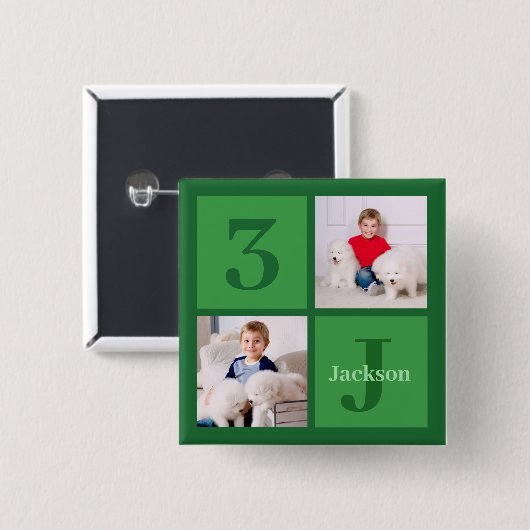 グリーンフォトコラージュパーソナライズされた誕生日ボーイ 缶バッジ (正面&裏面)