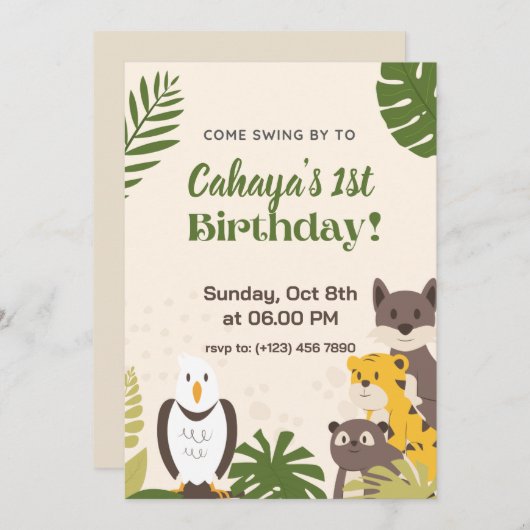 グリーンフォレストイラストレーション誕生日招待状カード 招待状 (正面/裏面)