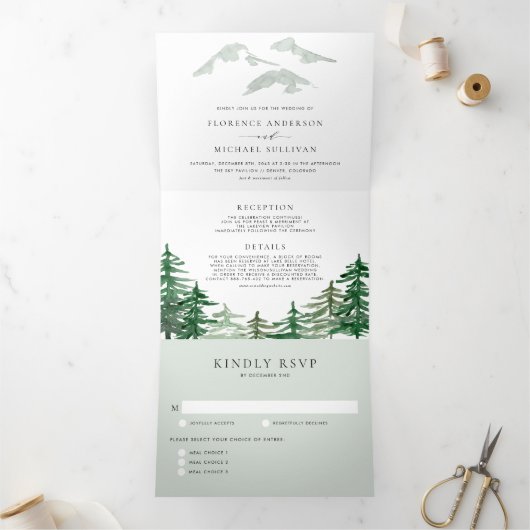 グリーンフォレストウォーターカラー春ウッドランド結婚ズ 三つ折り招待状 (内部)