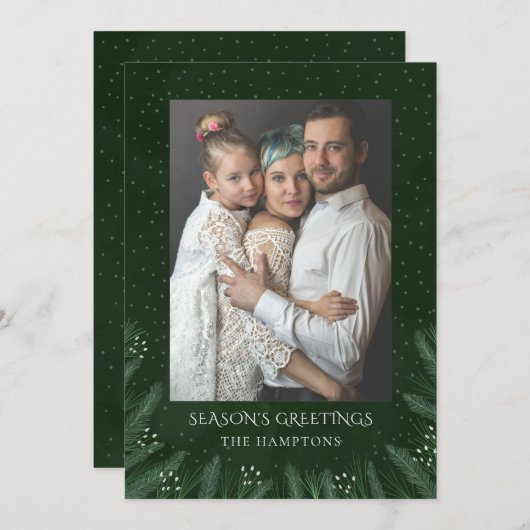 グリーンフォレストパインブランチ写真ホリデーカード シーズンカード (正面/裏面)