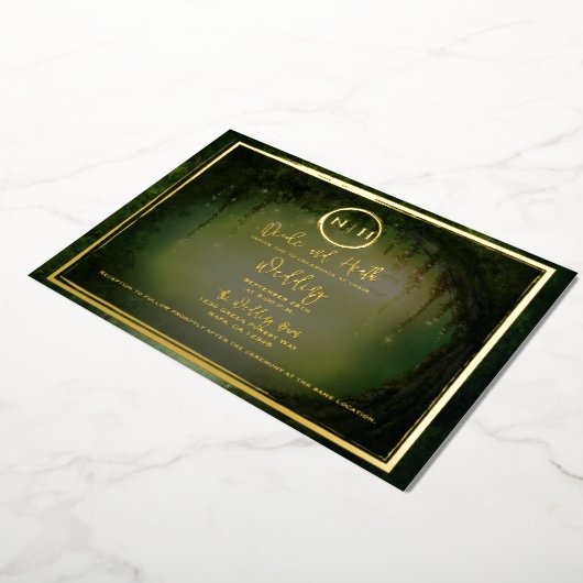 グリーンフォレストライトエレガントなウェディングフォト金ゴールド 箔招待状 (回転した状態)