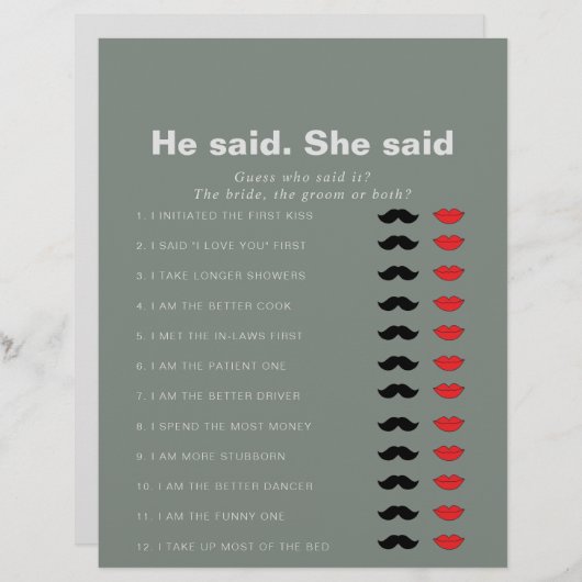 グリーンフォーマル彼は彼女はブライダルシャワーゲームと言った (正面/裏面)