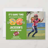 グリーンフットボール誕生日招待状と写真 招待状 (正面)