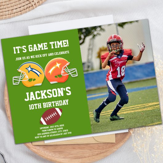 グリーンフットボール誕生日招待状と写真 招待状
