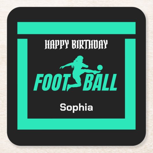 グリーンフットボール選手ガール、誕生日ガールチーム スクエアペーパーコースター (正面)