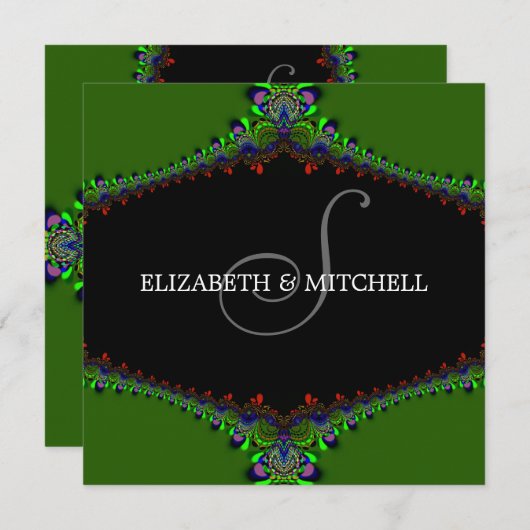 グリーンフラクタルレースモノグラム結婚式招待状 招待状 (正面/裏面)