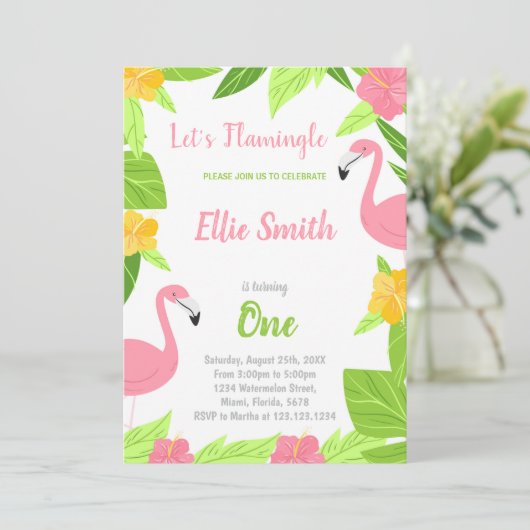 グリーンフラミンゴ誕生日招待状 招待状 (スタンド正面)